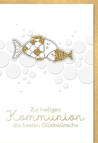 Kommunionskarte für Kinder und Jugendliche Festlich - mit Fischmotiv - Elegante Karte mit Prägung & Applikation - Klappkarte mit Umschlag für Eltern