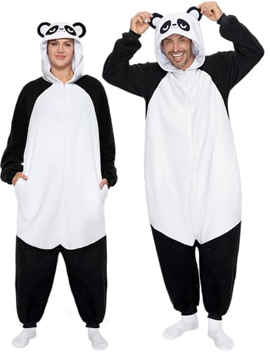 Spooktacular Creations Erwachsene Unisex-Pyjama, Panda-Kapuzen-Overall-Kostüm mit Hut, Kapuzen-Nachtwäsche mit Reißverschluss für Halloween-Cosplay-Kostüm, S
