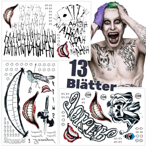 13 Blatt Jok Tatoo Temporäre Fasching Karneval Kostüm，Jok Fake Tattoos Festival Must Haves，Klebetattoos Erwachsene Festival Tattoos Zum Aufkleben，Halloween Clown Kostüm Temporäre Tattoos Erwachsene