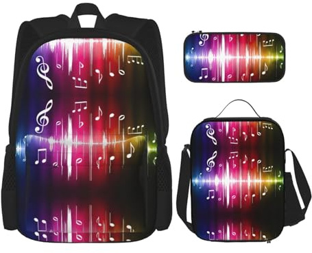 WURTON Mochila de hombro con estampado musical 3 en 1, bolsa para libros, lonchera, estuche para lápices, viajes, laptop, mochilas de día, Negro -, Talla única
