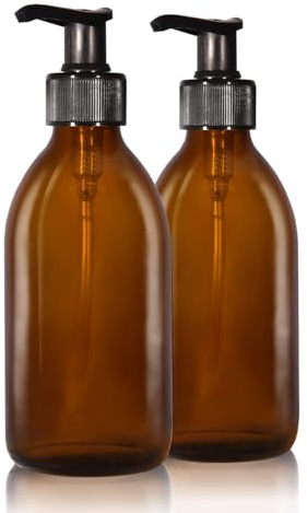 Oputec 2 x 250ml Seifenspender aus Glas: Extra sparsam bis -70% - Shampoo Flaschen zum Befüllen als Handseife-Spender, Pumpspender, Pumpflasche aus Braunglas für Küche & Badezimmer