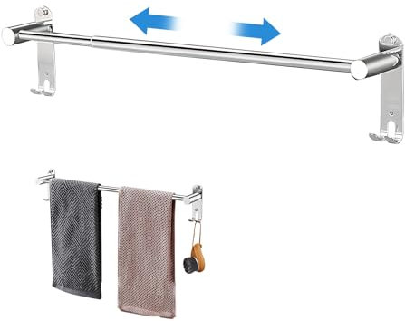 Amexo Handtuchstange Edelstahl Ausziehbar 43–75cm, Handtuchhalter mit Haken Schrauben Kleber, Silber Wandmontage Badetuchhalter Handtuch Halterung für Badezimmer Küche