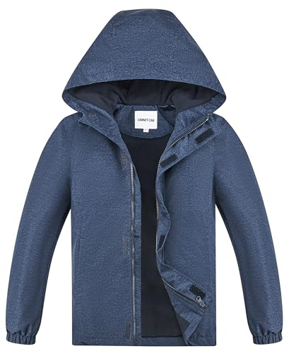 UMMTOM Boys Rain Jackets Lightweight Waterproof Hooded Fleece Raincoats Windbreakers for Kids (8-9Y, Blue Melange)