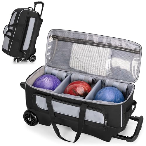 GOBUROS Bowlingtasche mit 3 Rollen, passend 2 Paar Schuhe der Größe 16 | Mehreren Zubehörtaschen und Schuhfach, Bowlingtaschen mit großen Rädern und einziehbarem Griff, ausziehbar auf 105 cm