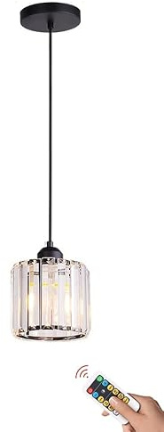 Modern Crystal Glass Wireless Pendant Light with Remote Control Rechargeable Battery Operated Ceiling Hanging Lamp for Dining Room Kitchen Island Black Color