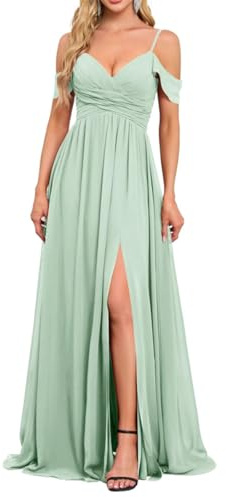 Vestidos de dama de honor de gasa para mujer, con abertura, acampanados, largos, formales, para fiesta de noche, talla grande, verde menta, 36