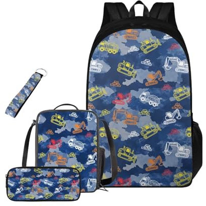 TSOVTHRID Schulrucksack für Jungen, 4-in-1, leichte Büchertasche für Jungen, 8-12, 6-8, Schulranzen-Set für Teenager 8-10, Traktoren Blue Camouflage