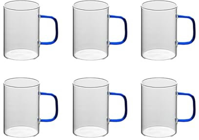 Juego de botellas de agua de vidrio de alta temperatura de 300 ml con asa, seis piezas [mango azul]