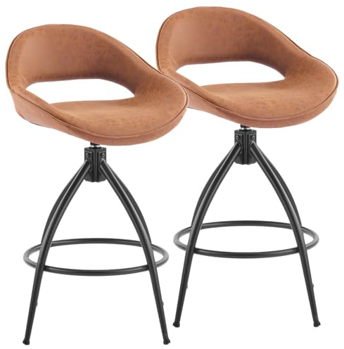 Bonnlo 360° Swivel Bar Stools Set of 2, Brown Faux Leather Breakfast Bar Stools with Backrest and Metal Footrest, Chair for Restaurant, Kitchen, Counter