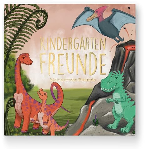Cupcakes & Kisses Libro de amigos de dinosaurios de guardería, álbum de recuerdos para niños, para 28 amigos, libro de la amistad con preguntas y espacio para fotos, guardería, preescolar, guardería