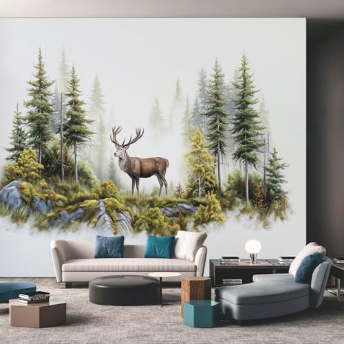 NOGAWA Papier Peint Cerf Forêt, Papier Peint Motif Animaux Sauvages, Panoramique Décoration Murale Pour Salon, Chambre, Tapisserie Murales Intissé, Wallpaper Mural 200x140cm