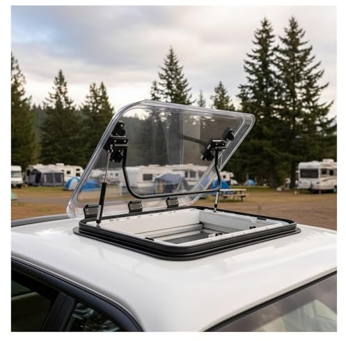 Hublot / Lanterneau Premium pour Camping-Car & Caravane avec Store Et Moustiquaire | 50×50/80×50cm | LED 12v & Protection UV 99%,Ouverture Pneumatique(80x50cm/31.5x19.7)