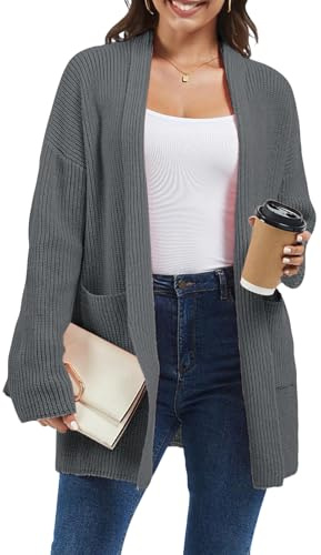 crazy bean Cardigan Donna Invernale Lungo Maglione con Tasche Lunga Lavorare in Maglia Aperto Giacca Elegante Grigio L
