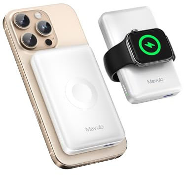 Mavulo Magnetic Power bank 12000mAh, Wireless Portable Charger with iWatch Charger, 20W USB C Fast Charging Battery Pack for iPhone 16/15/14/13/12, Apple Watch (White)