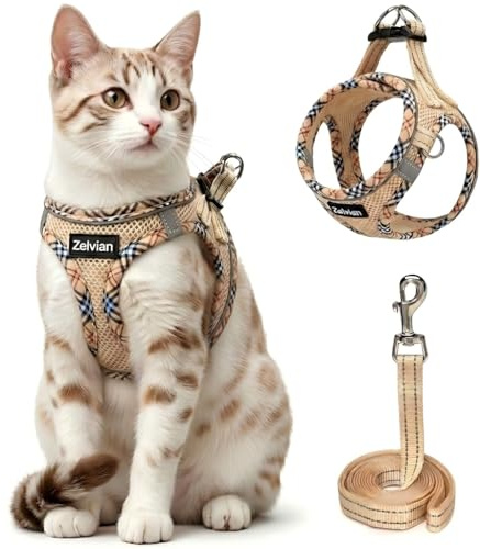 Zelvian Adjustable Cat Harness and Lead Set, Escape Proof Vest, Beige, XS