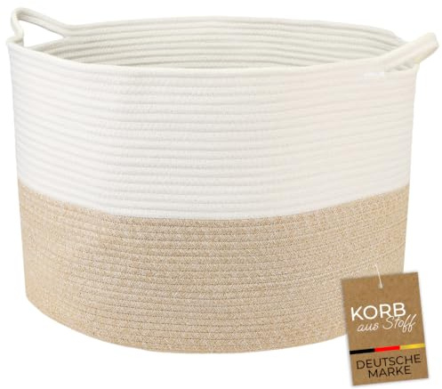 HMF XXL Wäschekorb aus Baumwolle, runder Aufbewahrungskorb mit Griffen | 55 x 35 cm | Weiß-Braun