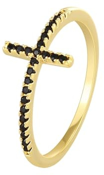 Ring Damen Gold, Matching Rings Kruzifix mit Schwarz Rundschliff Achat 9K Gelbgold Größe 54 (17.2)