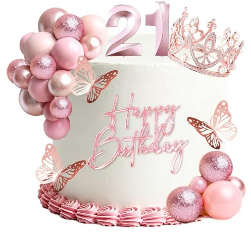 21st Birthday Cake Topper Set, Rose Gold Balls Cake Toppers with Happy Birthday Crown Tiara, Numeral 21 Candle and Birthday Candles for 21 Birthday Party Decorations (21st)