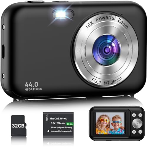 Digitalkamera, Kamera Fotokamera mit 32GB Karte, 44MP 1080P HD Kinderkamera mit 16X Digitalzoom Kompaktkamera, Wiederaufladbare Fotoapparat mit Akku, Kamera für Kinder, Teenager, Anfänger (Schwarz)