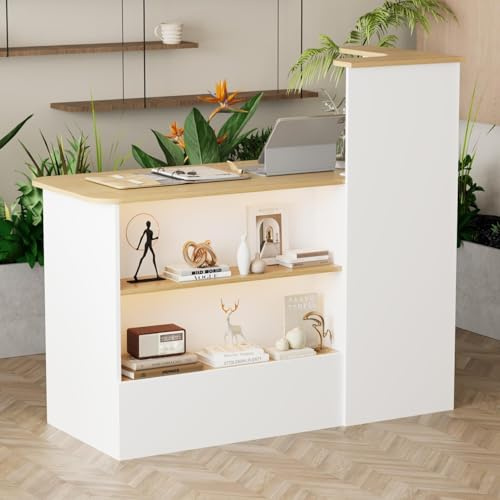 Caldion Comptoir de réception avec LED et tiroir verrouillable Comptoir d'accueil avec étagères Bureau d'accueil Table de réception Table de réception pour Salon Bureau Café 120x50x110cm Blanc