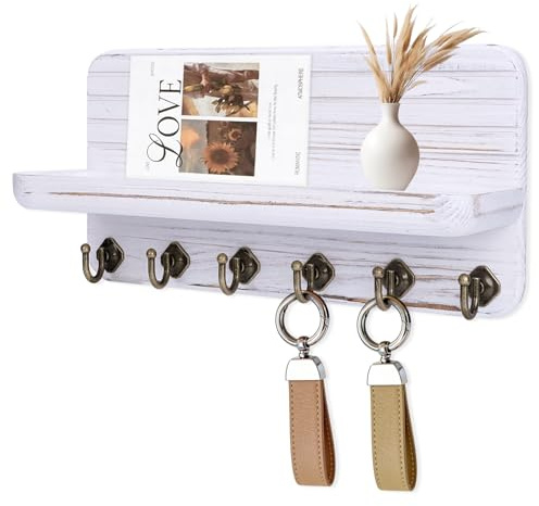 Kldgris Schlüsselbrett mit Ablage, Schlüsselboard Schlüsselbrett Holz mit 6 Schlüsselhaken, für Flur, Schlafzimmer, Küche, Hängen Küchenbesteck Vintage Weiß