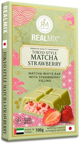 REALMIX Chocolate Blanco Matcha Tokyo Style Relleno de Fresa – Tableta 100g fabricada en Dubái con Matcha Japonés Auténtico – Delicia Premium Té Verde y Fresa