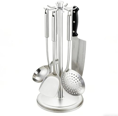 Portautensili Girevole - con 8 Ganci e Supporto Spatola,Supporto Spatole per Cucina da Banco Con Rotazione A 360 Gradi - Per Spatola Mestolo Cucchiaio Casa Ristorante Fattoria Scrivania Cassetto