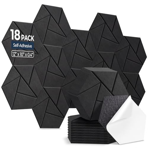 AUSLET 18 Pack Hexagon Acoustic Panels Self-Adhesive, High Density Sound Absorbing Panels for Walls, Soundproofing Foam Panels for Studio, Home Office, Gaming Room, Recording Room（Charcoal Black）