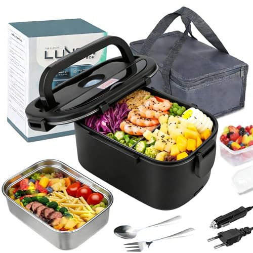 60W Gamelle Chauffante Electrique 1.5 L Chauffage Rapide 12V/24V,110V/220V, Lunch Box Chauffante Electrique,Avec sac Isolant à Température Constante pour Voyages,Travail,Bureau,Voiture,Camion (A)