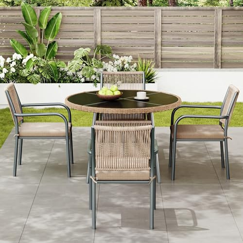 Guishanlihua Modernes Gartenmöbel-Set aus Rattan, Runder Glastisch + 4 Armlehnstühle, Eisengestell, Geeignet für Terrasse/Balkon/Deck