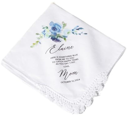 GSTFY Personalisierbares Hochzeits-Taschentuch mit Blumenmuster, Baumwoll-Stickerei, für Damen, Vintage, florales Spitze, Braut-Taschentuch, Tochter, etwas blaues Andenken, Geschenk von Mutter, Braut