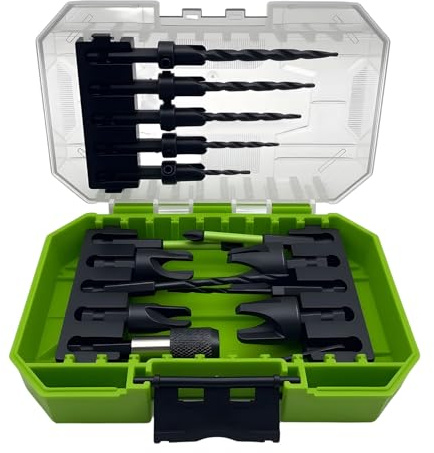 Juego de 15 brocas avellanadas con cuello de tope de profundidad ajustable, brocas piloto cónicas HSS con vástago hexagonal de 1/4 pulgadas para madera, montaje empotrado con tornillo, kit de