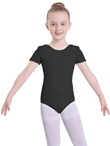 Carnavalife Maillot Ballet Niña Manga Corta Leotardo Danza Infantil Body Gimnasia Rítmica Elástico Escote Redondo Uniforme Clase Baile Negro Rosa Blanco (Negro, 4-6)