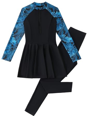 EFOGEP Modest Swimwear Women 2 Pieces Full Coverage Burkini | Tropical Print Long Sleeve Zip Up Top + Pants for Holiday Beach & Pool Wear