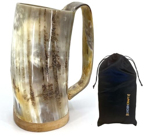 HORNCRAFT Drinking Horn Mug with Wooden Base | 500ml - 600ml Capacity | Ox Horn Tankard | Rough Finish | Genuine Ox Horn | Beer Tumbler | Drinking Vessel (Medium)