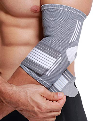 NEOtech Care - Tutore per gomito a fascia - Tessuto elastico e traspirante - compressione regolabile con fascia - uomo, donna, ragazzo - braccio destro o sinistro (Grigio, S, 1 Pezzo)