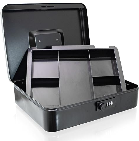 Geldkassette 30 cm groß flach abschließbar Münz Geld Zählbrett Kasse schwarz 300mm (mit Münzeinlage und Zahlenschloss)