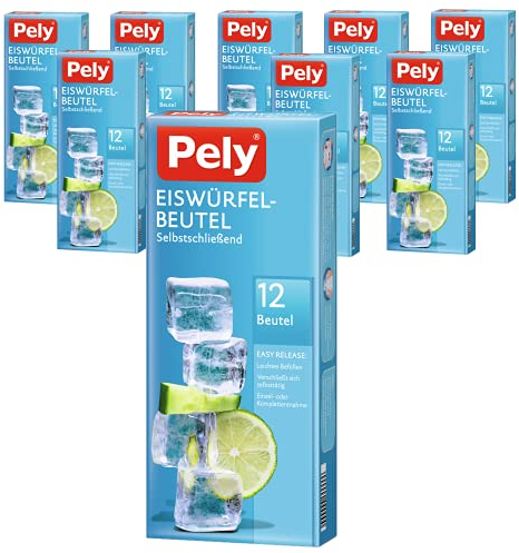Pely Eiswürfel-Beutel, für quadratische Würfel, Vorteilspack 9 Packungen je 12 Beutel, veschließt selbstständig, einzeln entnehmbar, platzsparende Zubereitung