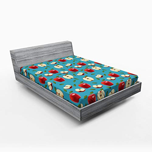 ABAKUHAUS Mela Lenzuolo con Angoli, Red Delicious Healty Alimentari, Morbido Tessuto Decorativo da Letto Tasca Elastica a Tutto Tondo, 120 x 190 cm, Crema Blu Rubino