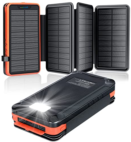 Solar Powerbank 26800mAh, elzle Solar Ladegerät mit 2 USB-A Ausgang & 1 USB-C Eingang, Outdoor Wasserfester Externer Akku mit 4 Solarpanels und Taschenlampe für Smartphones Tablets Camping