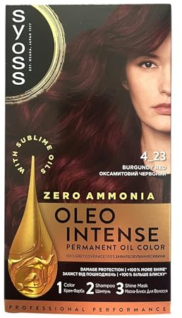 SYOSS OLEO INTENSE- Tono 4-23 Rojo Burdeos – Coloración permanente sin amoníaco – Resultados de peluquería – Cobertura profesional de canas