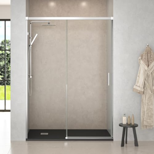 Mampara de Ducha Frontal Corredera 1 puerta Corredera + 1 fijo - Transparente | Cristal templado 6mm Antical | 195cm de Altura | Perfilería Cromo Brillo 155cm (Adaptable 149-154cm)