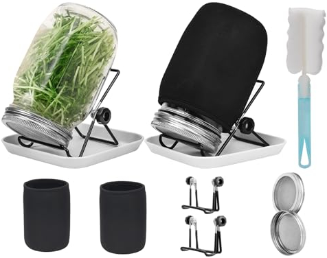 Hisredsun Seed Sprouting Jar Kit, 2pcs 1000ml Wide Mouth Quart Mason Jars with Stainless Steel Screen Sprout Lids,86mm Caliber,with Tray,Stand,Shading Cloth and Canning Brush,for Making Seeds Sprouts
