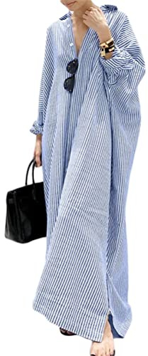 Minetom Robe Maxi Longue Femme Été Casual Rayure Robe Blouse Chemisier Party Grande Taille Col V Manches Longues Robe A Bleu L