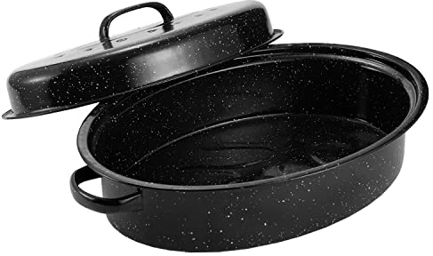 Granite Roasting Pan, Medium 15.7” Enameled Roasting Pan with Domed Lid. Oval Turkey Roaster Pot, Broiler Pan Great for Small Turkey, Chicken, Ham, Dishwasher Safe Fit for Roast Bird by Kendane
