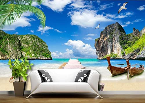 Papier Peint Ciel Bleu Et Nuages Blancs Mer Pont En Bois Paysage Marin Papier Peint Panoramique 3D Murale Tableaux Muraux Décoration
