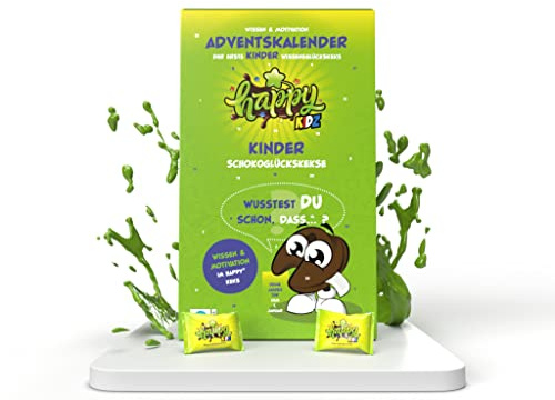 Happy Kidz Adventskalender 2025 | Glückskekse mit Wissensquiz & Motivationssprüchen für Kinder | Vegan, laktose- & palmölfrei | Schoko-Kekse mit 25. Türchen, Freundschaftsbändern & Sammelalbum