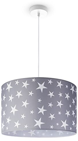 Paco Home Pendellampe Kinderzimmer Pendelleuchte Baby Lampenschirm Stoff Rund Wolken Himmel Sterne Kinderlampe E27