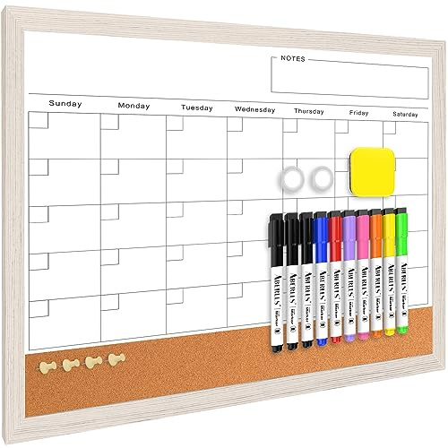 Monthly Whiteboard Calendar & Corkboard for Wall, Magnetic 17x13 Dry Erase Board with White Wood Framed, 2in1 White Board Cork Board Combo, Calendar Bulletin Board for Kitchen Planner Memo Office