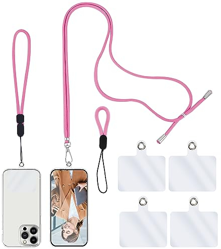 Simarro telefono movil Cadena Universal, 1 cordón + 1 Correa para la muñeca + 1 Correa para el Dedo + 4 espaciadores Transparentes, Correa para teléfono móvil Cordón Ajustable para Todos (Rosa)